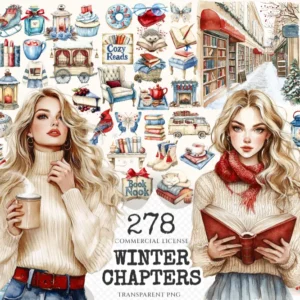 Winter Chapters Watercolor Clipart Set - 275+ transparent PNG, Winter reading illustrations, Cozy book png, Commercial use, Digital download