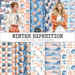 Winter Expedition Seamless Patterns, Winter travel JPEG, Passports pattern, Plaid, Cocoa, Airplane repeating pattern,Digital scrapbook paper