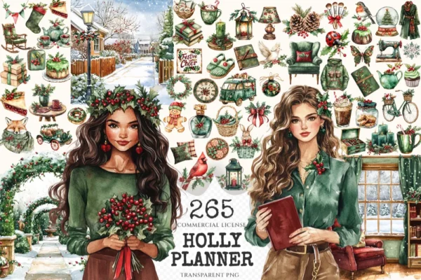Holly Planner Watercolor Clipart Set - 260+ transparent PNG, Christmas planner graphics, Holly ornament png, Commercial use, Digital download