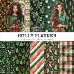 Holly Planner Seamless Patterns, Plaid christmas JPEG, Holly leaf pattern, Pine Tree, Gift boxes repeating pattern, Digital scrapbook paper