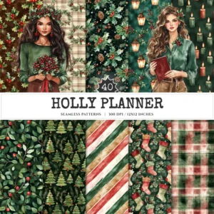 Holly Planner Seamless Patterns, Plaid christmas JPEG, Holly leaf pattern, Pine Tree, Gift boxes repeating pattern, Digital scrapbook paper