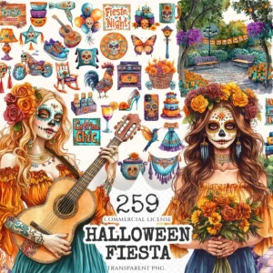 Halloween Fiesta Watercolor Clipart Set - 255+ transparent PNG, Day of the dead graphics, Mexican papel art, Commercial use,Digital download