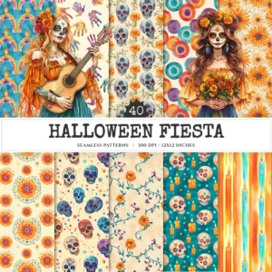 Halloween Fiesta Seamless Patterns, Day of dead JPEG, Mexican pattern, Ghost, Spooky, Sugar skull repeating pattern, Digital scrapbook paper