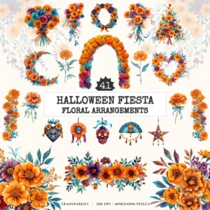 Halloween Fiesta Floral Arrangements, Halloween florals, Marigold, Spooky florals clipart, Halloween decor, Commercial use, Digital download