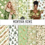 Winter Kiwi Seamless Patterns, Digital Camellia JPEG, Pine tree pattern, Kiwi slice, Snowflake repeating pattern, Digital scrapbook paper