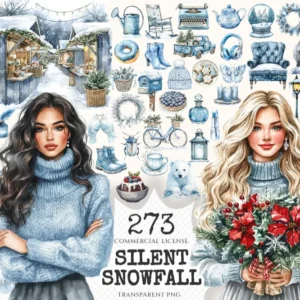 Silent Snowfall Watercolor Clipart Set - 270+ transparent PNG, Christmas illustrations, Cozy winter images, Commercial use, Digital download