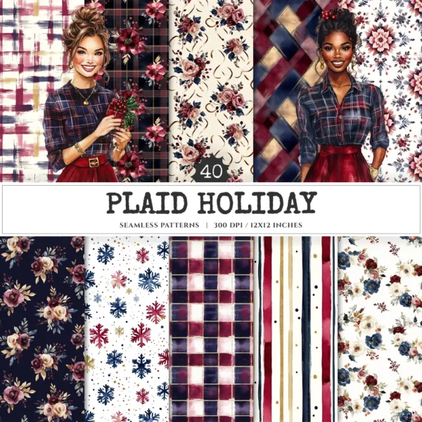 Plaid Holiday Seamless Patterns, Xmas plaid JPEG, Festive floral pattern, Peony, Holly berry repeating pattern, Digital scrapbook paper