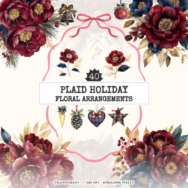 Plaid Holiday Floral Arrangements, Peony floral png, Holly berry bouquet, Ornaments, Festive decor, Commercial use, Digital download