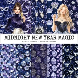 Midnight New Year Magic Seamless Patterns, New year party JPEG, Confetti pattern, Champagne repeating pattern, Digital scrapbook paper