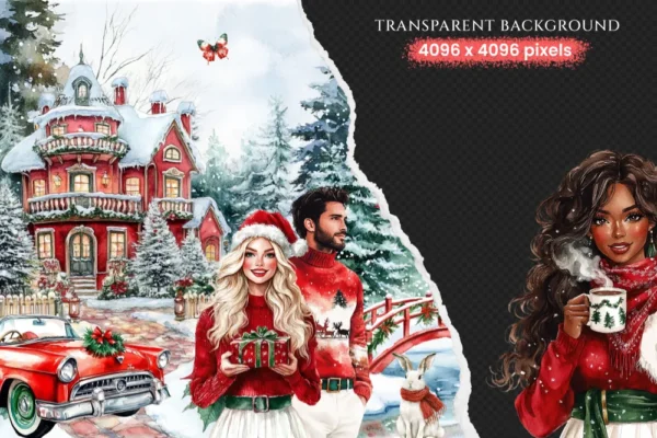 Santa’s Lapland Watercolor Clipart Set - 275+ transparent PNG, christmas graphics, holiday festive png, Commercial use, Digital download