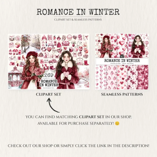 Romance in Winter Seamless Patterns, Romantic heart JPEG, Pink rose pattern, Cozy love, Valentine repeating pattern, Digital scrapbook paper
