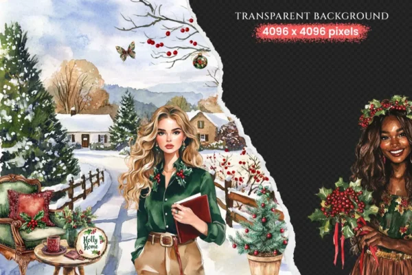 Holly Planner Watercolor Clipart Set - 260+ transparent PNG, Christmas planner graphics, Holly ornament png, Commercial use, Digital download