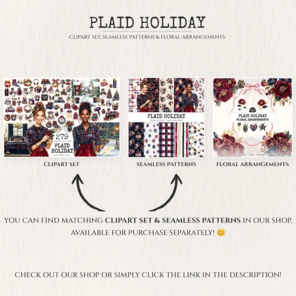Plaid Holiday Floral Arrangements, Peony floral png, Holly berry bouquet, Ornaments, Festive decor, Commercial use, Digital download