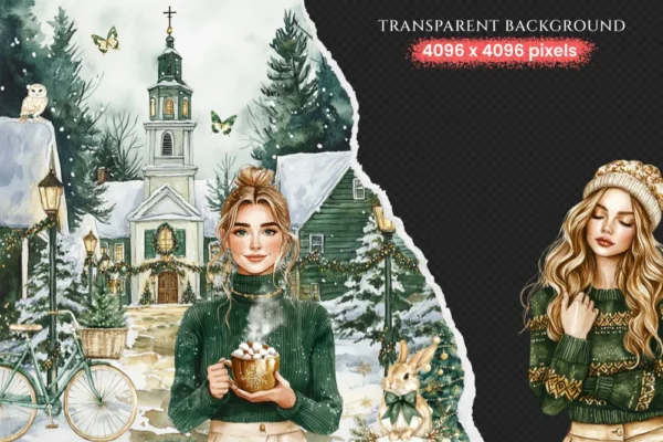 Cozy Yuletide Watercolor Clipart Set - 275+ transparent PNG, Cozy holiday graphics, Festive christmas png, Commercial use, Digital download