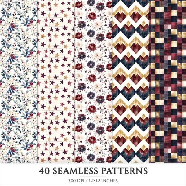 Plaid Holiday Seamless Patterns, Xmas plaid JPEG, Festive floral pattern, Peony, Holly berry repeating pattern, Digital scrapbook paper