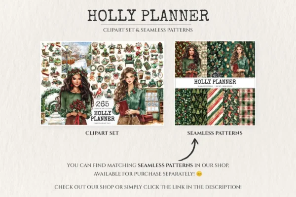 Holly Planner Watercolor Clipart Set - 260+ transparent PNG, Christmas planner graphics, Holly ornament png, Commercial use, Digital download