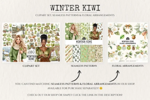 Winter Kiwi Watercolor Clipart Set - 275+ transparent PNG, Winter fruit illustrations, Cozy winter art, Commercial use, Digital download