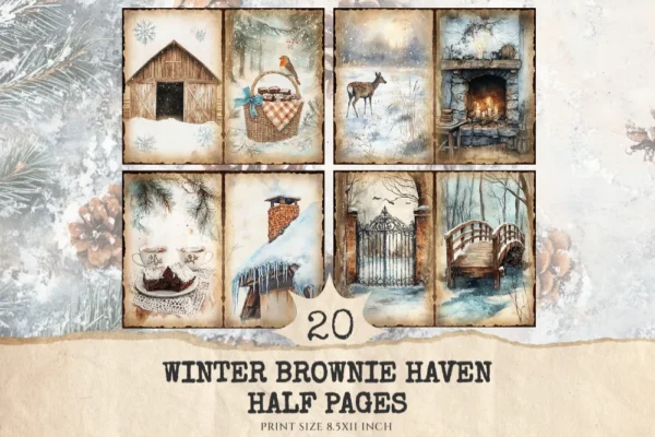 Winter Brownie Haven Junk Journal Pages & Papers - Rustic winter journal paper, Cozy cocoa background, Junk Journal Kit, Digital download
