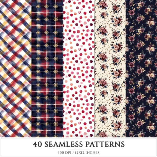 Plaid Holiday Seamless Patterns, Xmas plaid JPEG, Festive floral pattern, Peony, Holly berry repeating pattern, Digital scrapbook paper