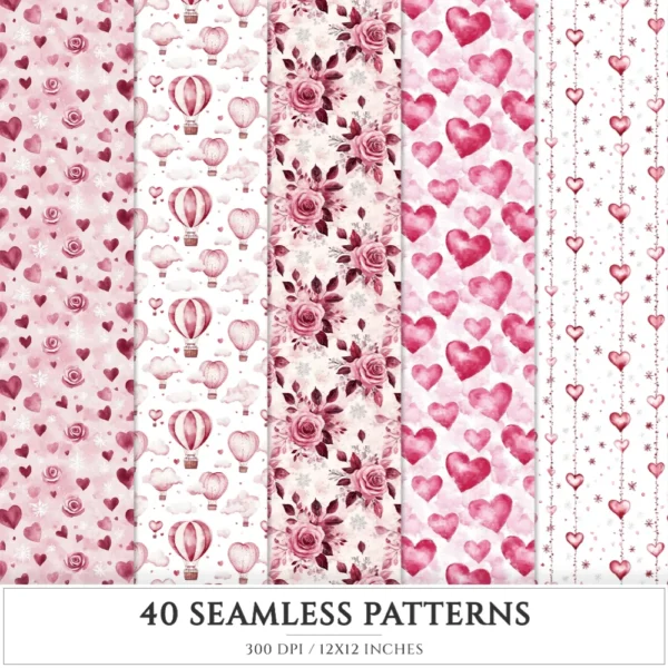 Romance in Winter Seamless Patterns, Romantic heart JPEG, Pink rose pattern, Cozy love, Valentine repeating pattern, Digital scrapbook paper