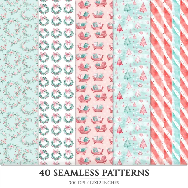 Whimsy Christmas Seamless Patterns, Cozy christmas JPEG, Candy cane pattern, Gift box, Snowflake repeating pattern, Digital scrapbook paper