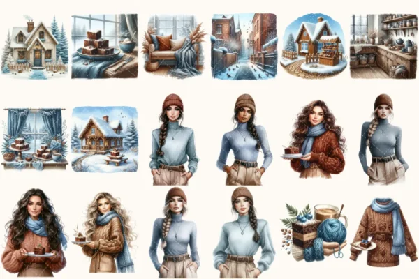 Winter Brownie Haven Clipart Mini Set - 125+ transparent PNG, Rustic winter graphics, Brownie winter art, Commercial use, Digital download