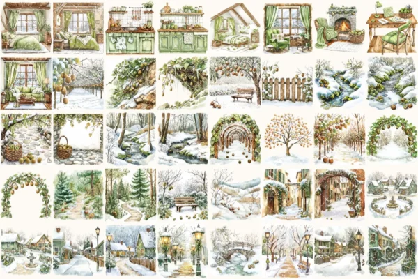 Winter Kiwi Watercolor Clipart Set - 275+ transparent PNG, Winter fruit illustrations, Cozy winter art, Commercial use, Digital download