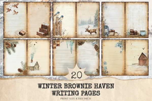 Winter Brownie Haven Junk Journal Pages & Papers - Rustic winter journal paper, Cozy cocoa background, Junk Journal Kit, Digital download