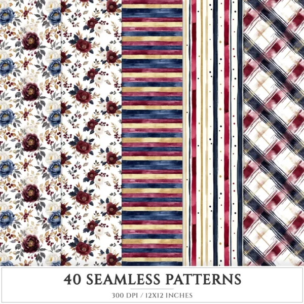 Plaid Holiday Seamless Patterns, Xmas plaid JPEG, Festive floral pattern, Peony, Holly berry repeating pattern, Digital scrapbook paper
