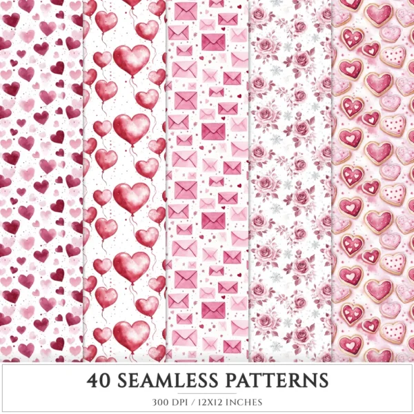 Romance in Winter Seamless Patterns, Romantic heart JPEG, Pink rose pattern, Cozy love, Valentine repeating pattern, Digital scrapbook paper