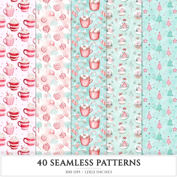 Whimsy Christmas Seamless Patterns, Cozy christmas JPEG, Candy cane pattern, Gift box, Snowflake repeating pattern, Digital scrapbook paper