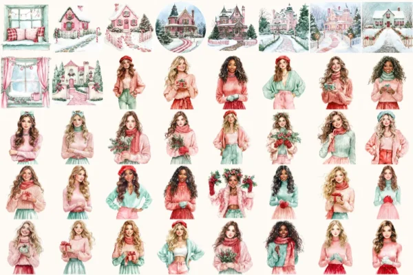 Whimsy Christmas Watercolor Clipart Set - 272+ transparent PNG, Holiday festive illustrations, Xmas png, Commercial use, Digital download