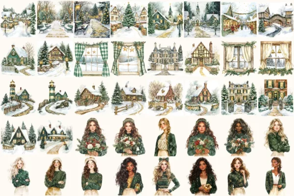 Cozy Yuletide Watercolor Clipart Set - 275+ transparent PNG, Cozy holiday graphics, Festive christmas png, Commercial use, Digital download