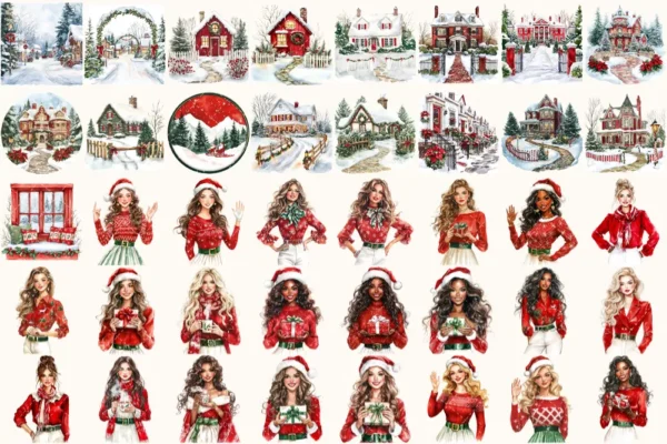 Santa’s Lapland Watercolor Clipart Set - 275+ transparent PNG, christmas graphics, holiday festive png, Commercial use, Digital download