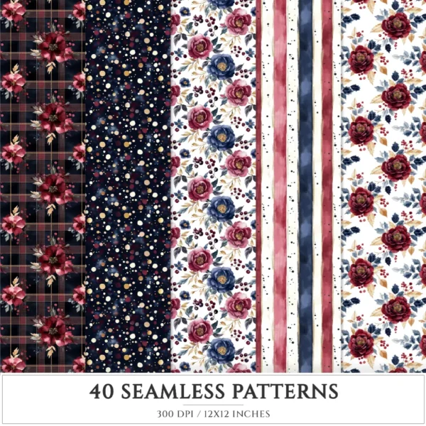 Plaid Holiday Seamless Patterns, Xmas plaid JPEG, Festive floral pattern, Peony, Holly berry repeating pattern, Digital scrapbook paper