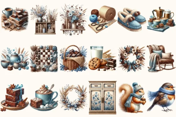 Winter Brownie Haven Clipart Mini Set - 125+ transparent PNG, Rustic winter graphics, Brownie winter art, Commercial use, Digital download