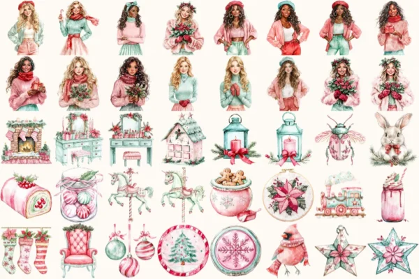 Whimsy Christmas Watercolor Clipart Set - 272+ transparent PNG, Holiday festive illustrations, Xmas png, Commercial use, Digital download