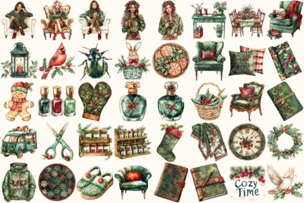 Holly Planner Watercolor Clipart Set - 260+ transparent PNG, Christmas planner graphics, Holly ornament png, Commercial use, Digital download