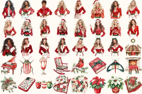 Santa’s Lapland Watercolor Clipart Set - 275+ transparent PNG, christmas graphics, holiday festive png, Commercial use, Digital download