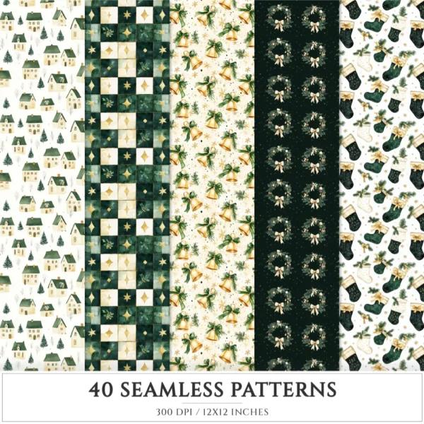 Cozy Yuletide Seamless Patterns, Winter JPEG, Holiday pattern, Gift box, Festive, Plaid, Snowflake repeating pattern, Digital scrapbook paper