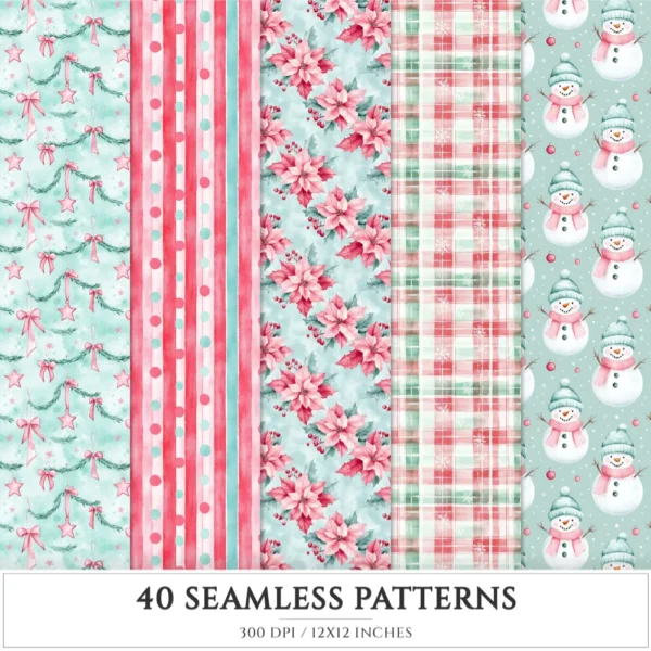 Whimsy Christmas Seamless Patterns, Cozy christmas JPEG, Candy cane pattern, Gift box, Snowflake repeating pattern, Digital scrapbook paper