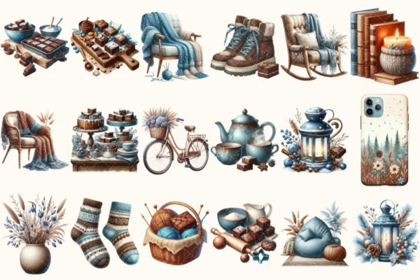 Winter Brownie Haven Clipart Mini Set - 125+ transparent PNG, Rustic winter graphics, Brownie winter art, Commercial use, Digital download