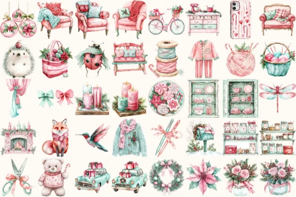 Whimsy Christmas Watercolor Clipart Set - 272+ transparent PNG, Holiday festive illustrations, Xmas png, Commercial use, Digital download