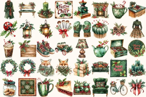 Holly Planner Watercolor Clipart Set - 260+ transparent PNG, Christmas planner graphics, Holly ornament png, Commercial use, Digital download