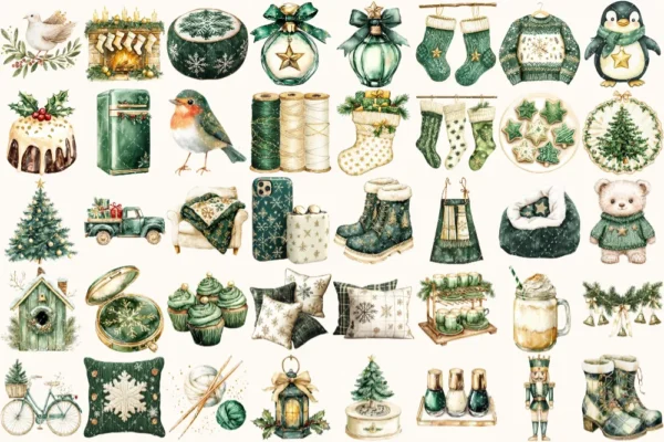 Cozy Yuletide Watercolor Clipart Set - 275+ transparent PNG, Cozy holiday graphics, Festive christmas png, Commercial use, Digital download