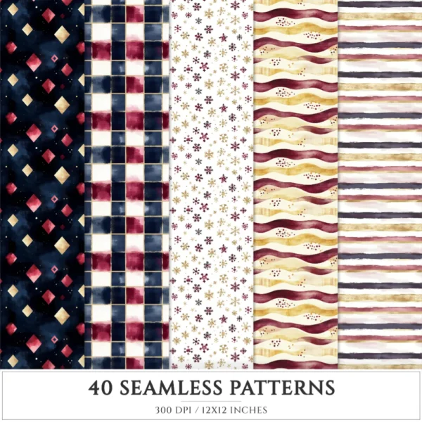Plaid Holiday Seamless Patterns, Xmas plaid JPEG, Festive floral pattern, Peony, Holly berry repeating pattern, Digital scrapbook paper