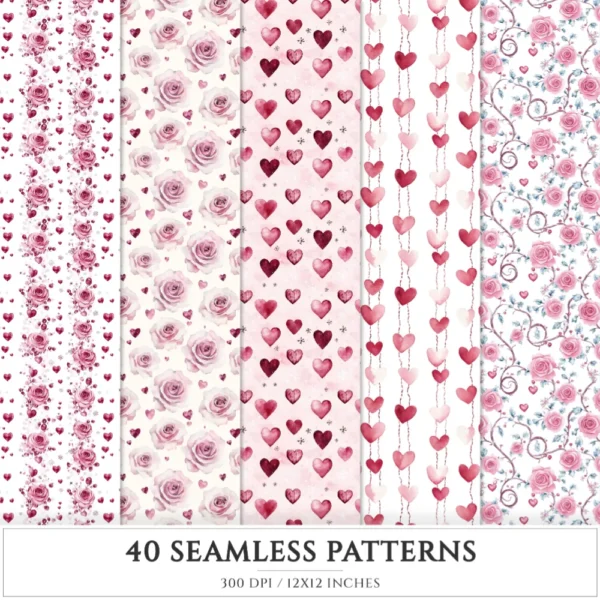 Romance in Winter Seamless Patterns, Romantic heart JPEG, Pink rose pattern, Cozy love, Valentine repeating pattern, Digital scrapbook paper