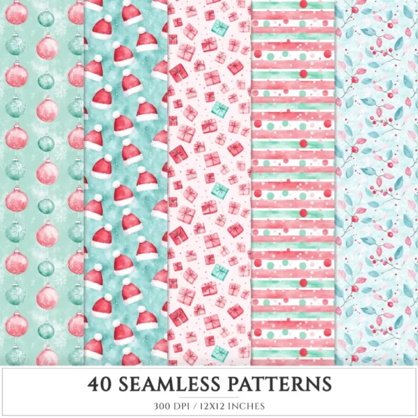 Whimsy Christmas Seamless Patterns, Cozy christmas JPEG, Candy cane pattern, Gift box, Snowflake repeating pattern, Digital scrapbook paper