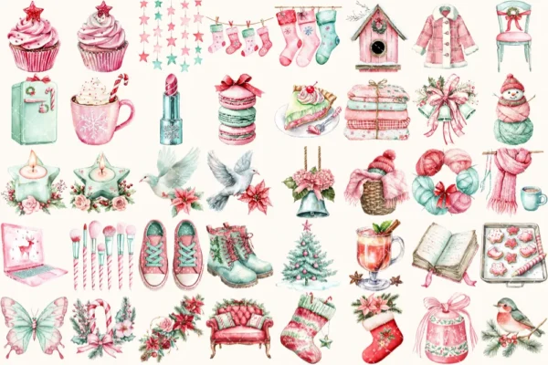 Whimsy Christmas Watercolor Clipart Set - 272+ transparent PNG, Holiday festive illustrations, Xmas png, Commercial use, Digital download