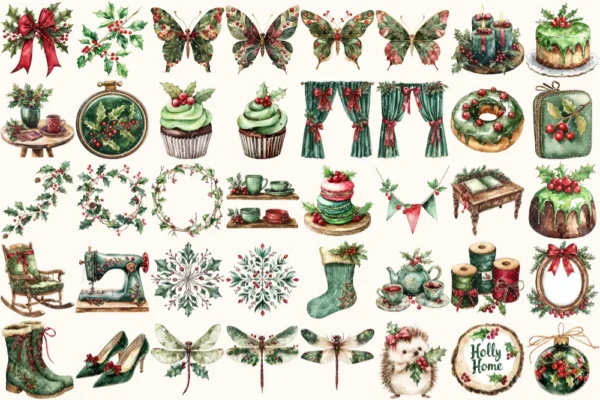 Holly Planner Watercolor Clipart Set - 260+ transparent PNG, Christmas planner graphics, Holly ornament png, Commercial use, Digital download
